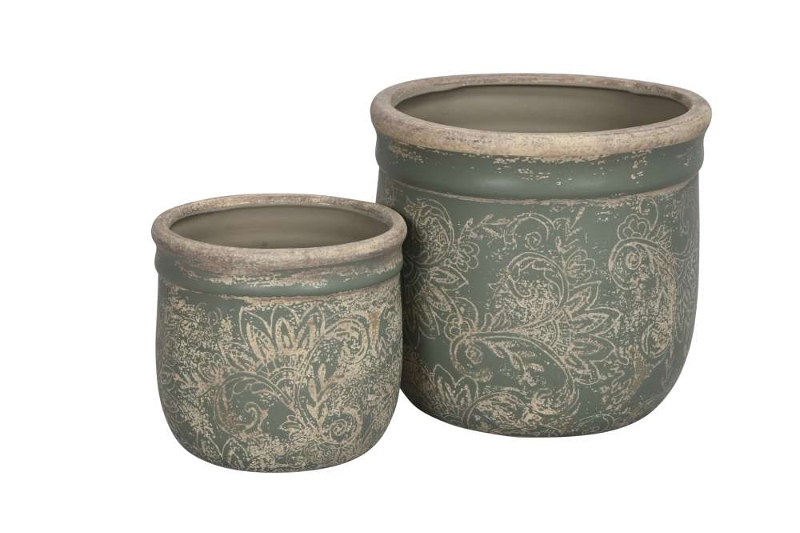 Набор из 2-х кашпо "Зеленый орнамент" D12,5xH11см/ D16,5xH15,5см